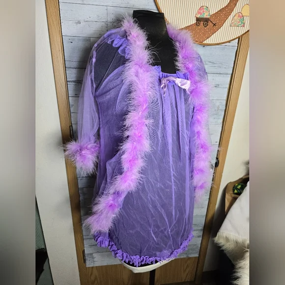Vtg 60s Sheer Purple Flowy Boho Ruffle Babydoll Negligee Lingerie Top with Robe - Picture 2 of 13